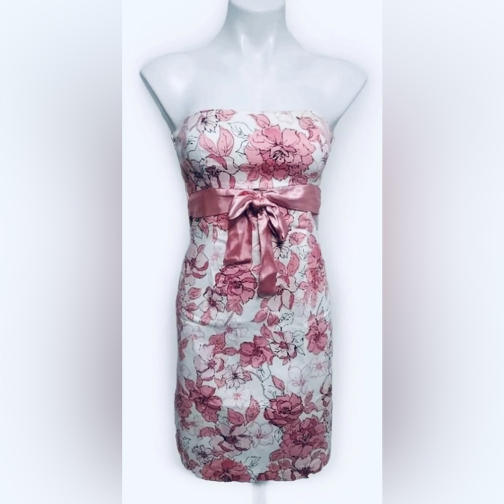 Sequin Hearts strapless white dress with tropical flowers.